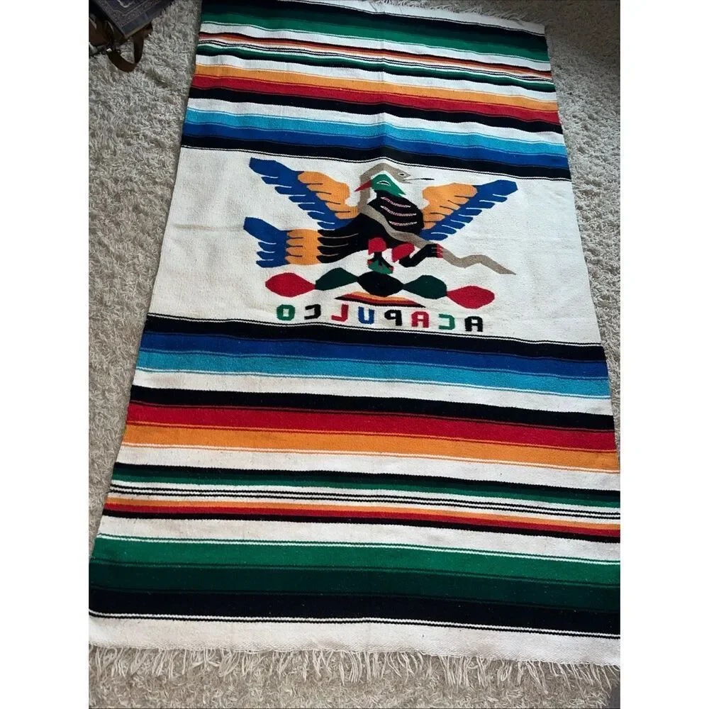 Vintage Mexican Serape Saltillo Woven Blanket Rug 80’/48’ Thunderbird with Snake
